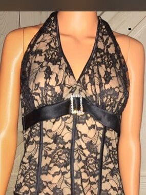 Cache Black Lace Trim Tank with Beige Body